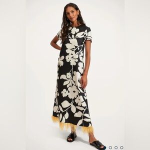 La DoubleJ Winter Jasmine in Twill Silk Swing Dress with Feathers Small